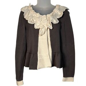 Chadwicks Knit Cardigan Gray Cream Floral Crochet Collar Peplum Women's Sz M Vtg